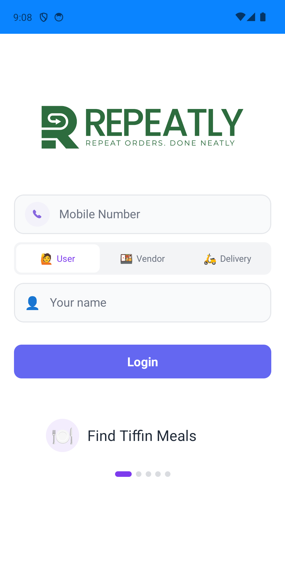 Repeatly tiffin service app login screen